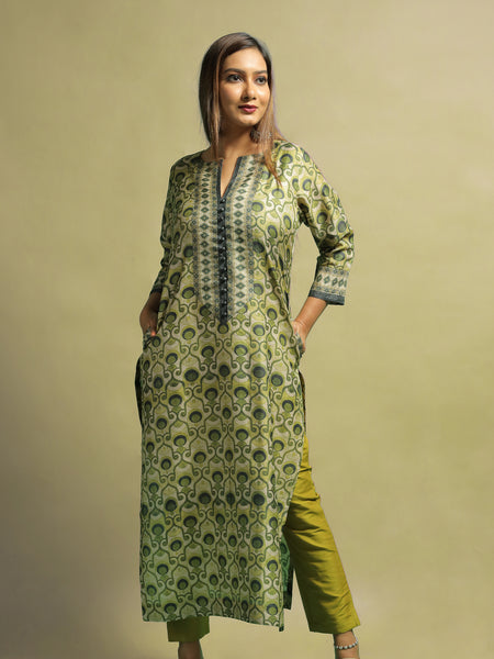 Kayaani Sea Green Printed Tussar Kurti for Women Elegant Ethnic Wear