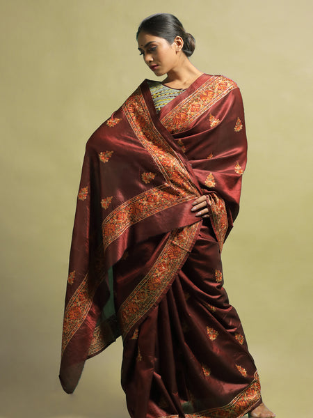Esani Burgundy Tussar Silk Saree | Elegant Traditional Handloom Ethnic Wear Saree