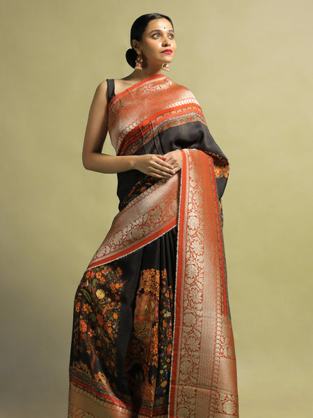Kaishori Premium Black Khaddi Silk Saree with Red Zari Border & Traditional Handwoven Design