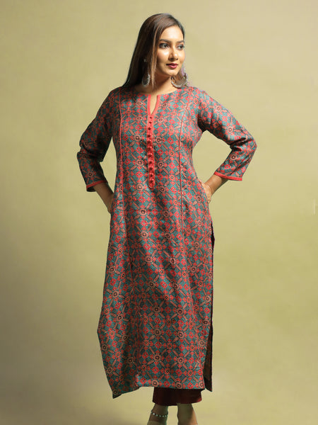 Isiri Women’s Dark Purple Printed Tussar Kurti for Daily and Festive Wear