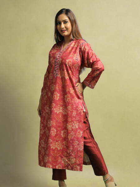 Ikshu Women's Light Red Printed Tussar Kurti for Casual and Festive Wear