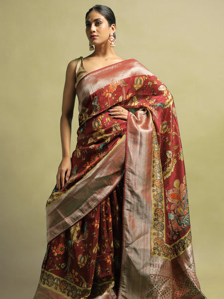 Kahala Luxury Maroon Khaddi Silk Saree with Elegant Zari Weaving for Women