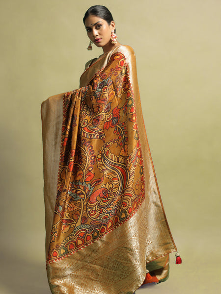 Kahnsi Designer Mustard Yellow Khaddi Zari Saree for Festive, Wedding & Cultural Wear