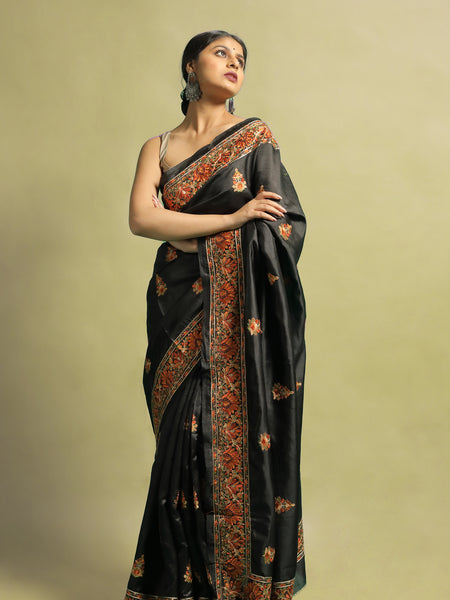 Ekakini Black Tussar Silk Saree | Elegant Traditional Handloom Ethnic Wear Saree