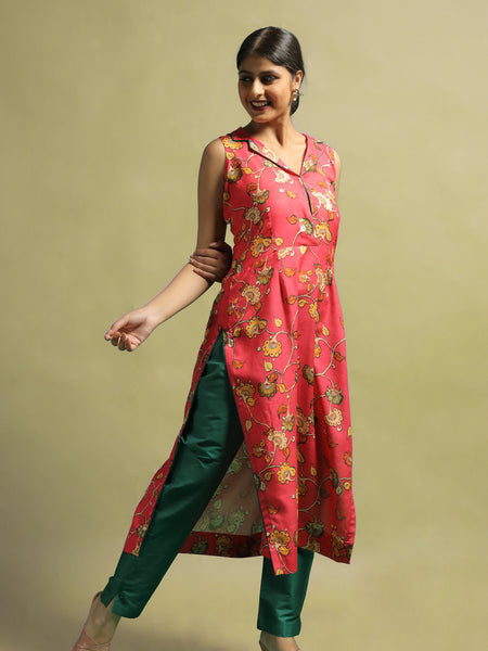 Inayata Women's Red Printed Cotton Kurti and Green Pant Ethnic Set