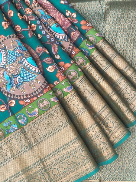 Matsya Designer Teal Blue Silk Kanjivaram Saree for Weddings, Festivals & Special Occasions