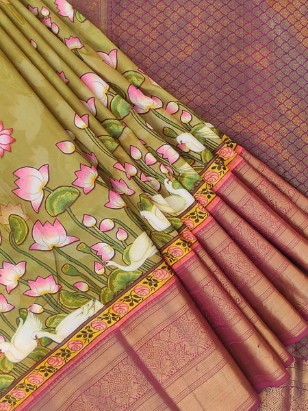 Kamal Gaatha Traditional Olive Green Silk Saree in Kanjivaram Weave for Special Occasions