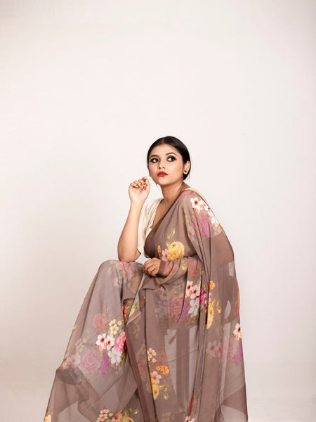 Premium Light Brown Georgette Saree | Stylish Traditional Drape