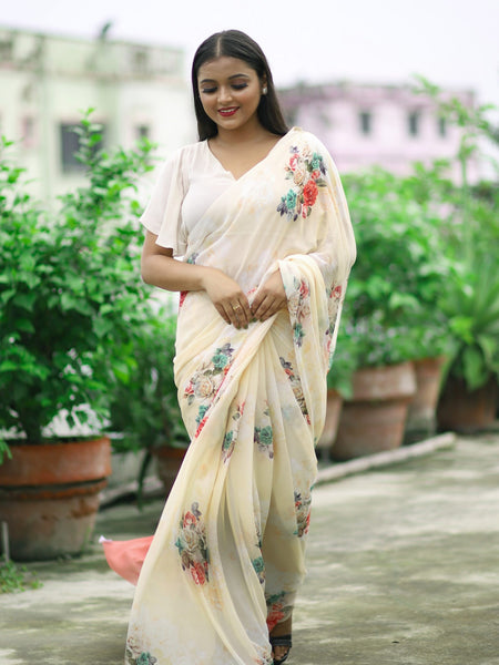 Premium Light Beige Georgette Saree | Graceful Ethnic Wear for Special Occasions