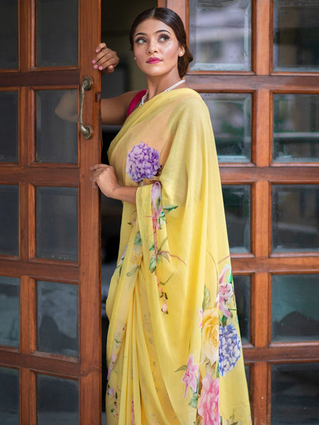 Yaami Elegant Yellow Floral Printed Georgette Saree with Soft Flowing Fabric