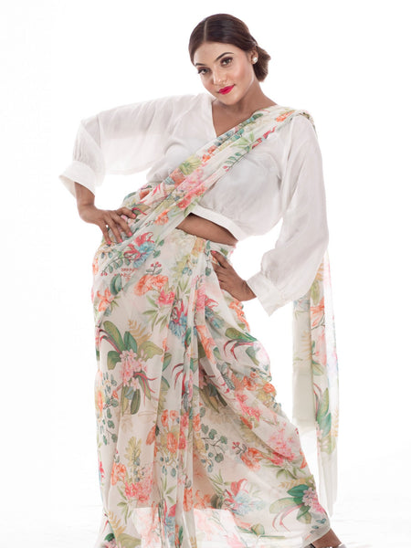 Tropica White Printed Georgette Saree with Tropical Pattern All Over Design
