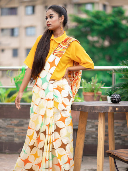 Arlene Light Yellow Cotton Mulmul Saree with Retro Geometric Diamond Design
