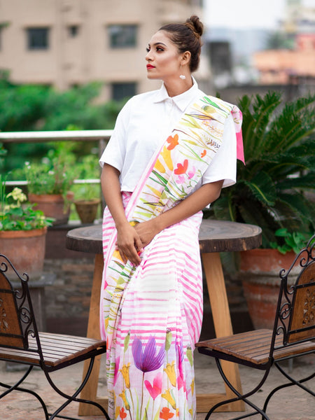 6900 Elegant White Mulmul Watercolor Stripes Border Floral Saree for Women