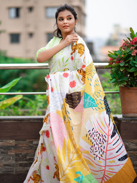 Darlena | Lightweight White Mulmul Saree with Tropical Animal Print