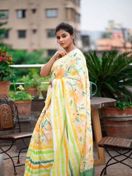 Dalia Lightweight White Cotton Mulmul Saree with Artistic Floral Border