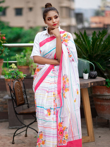 Kaeth copy Women's White Mulmul Saree with Watercolor Print