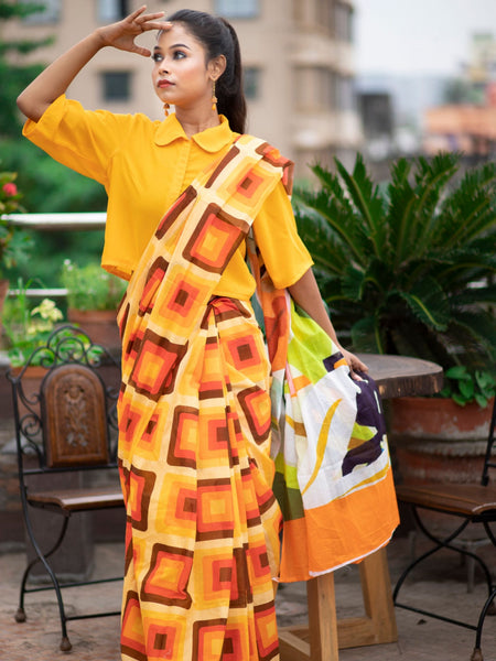 Wilma Women's Yellow Mulmul Saree with Retro Geometric Pattern