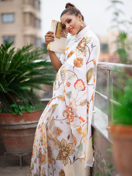 Bonnyae Lightweight White Mulmul Saree with Watercolor Foliage Design