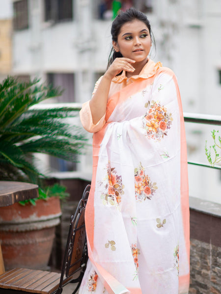 Daarlena copy | Women's White Mulmul Saree with Soft Peach Floral Pattern