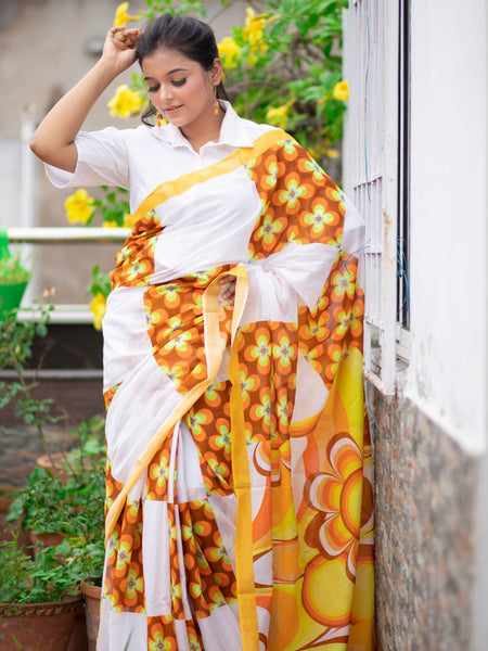 Norma Lightweight White Mulmul Saree with Vintage Club Print Style