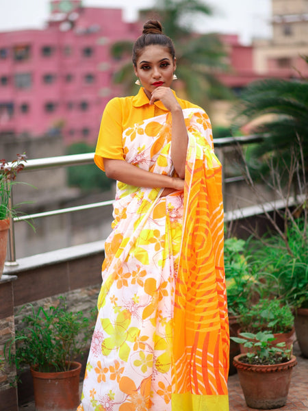 Queenie Lightweight White Mulmul Saree with Vintage Spiral Print