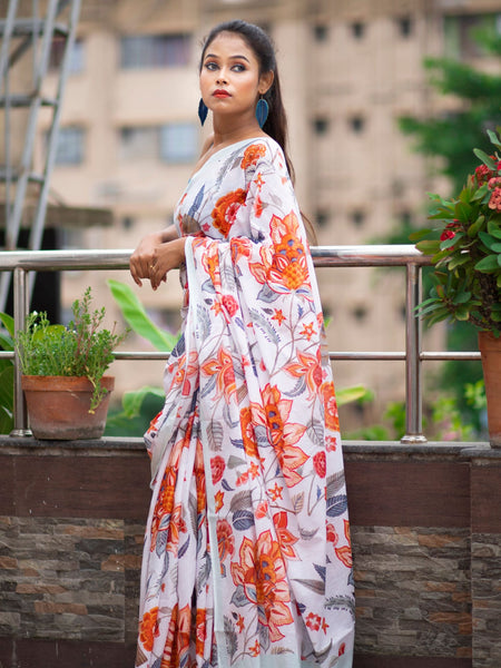 hazel Lightweight White Mulmul Saree with Watercolor Leaf Floral Design