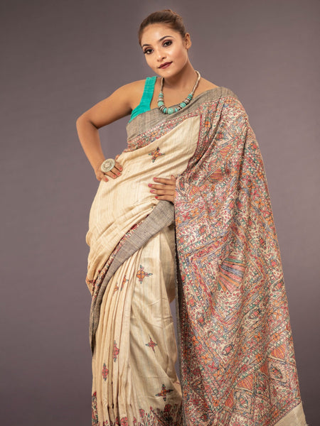 Indu Cream Tussar Gheecha Silk Saree | Elegant Handloom Ethnic Wear Saree