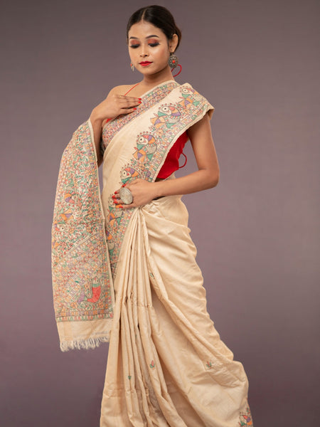 Malini Beige Tussar Silk Saree | Elegant Traditional Handloom Ethnic Wear Saree