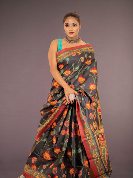 Padyum Premium Black Tussar Saree for Women | Ethnic Celebration Wear