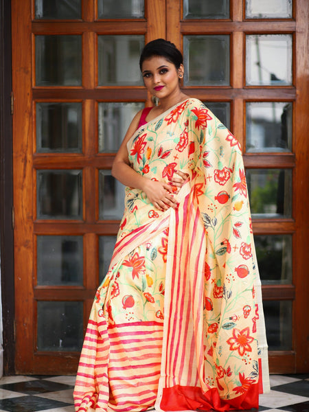 Fulouri Elegant Yellow and Red Tussar Silk Saree – Vibrant & Traditional Ethnic Wear for Festive Style