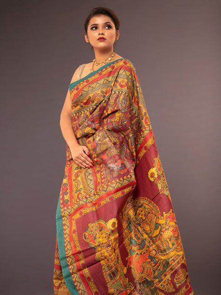 Meeraa Yellow Red Tussar Saree for Women | Classic Festive & Traditional Drape