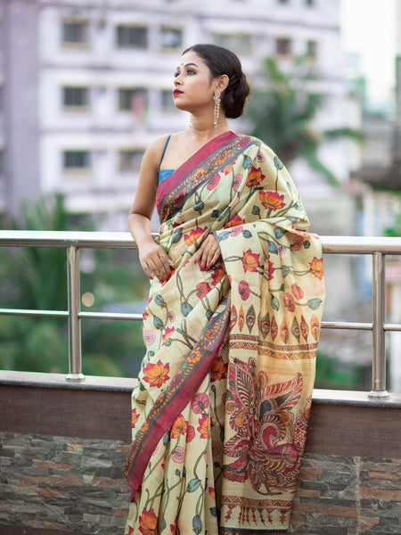 lalith Light Yellow Tussar Saree with Zari Accents | Festive Indian Wear