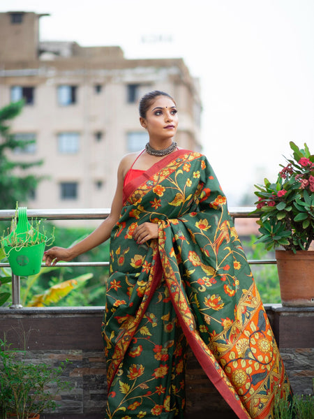 Naamith Green Tussar Zari Saree – Elegant Traditional Lightweight Ethnic Wear Saree