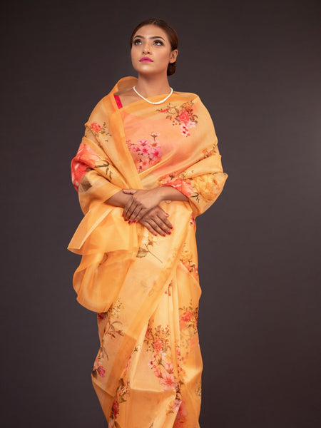 Shobita Women Orange Floral Print Silk Organza Saree Lightweight Ethnic Saree