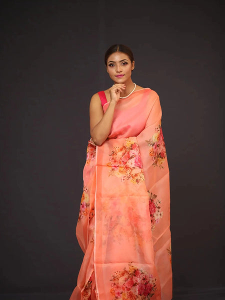 Organza Saree - Peach Coloured Designer Peach Organza Saree for Wedding and Celebration Wear