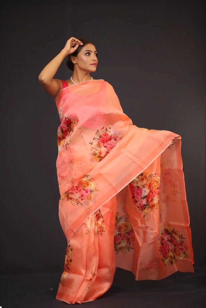 Organza Saree - Peach Coloured