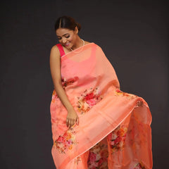 Organza Saree - Peach Coloured