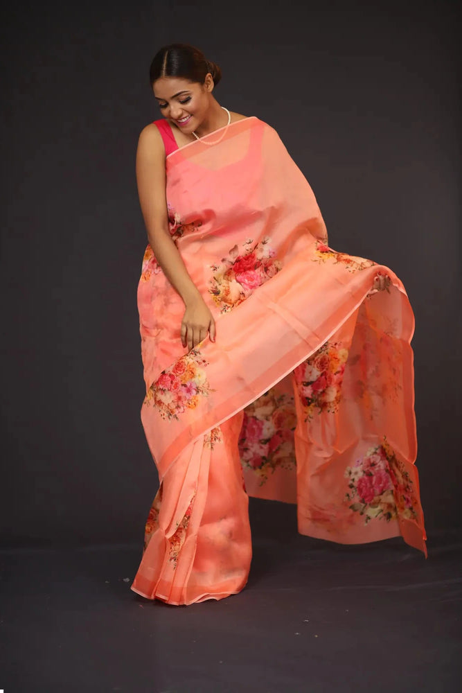 Organza Saree - Peach Coloured