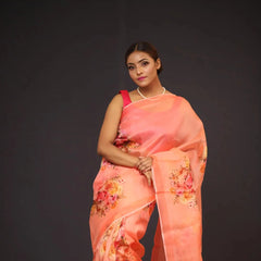 Organza Saree - Peach Coloured