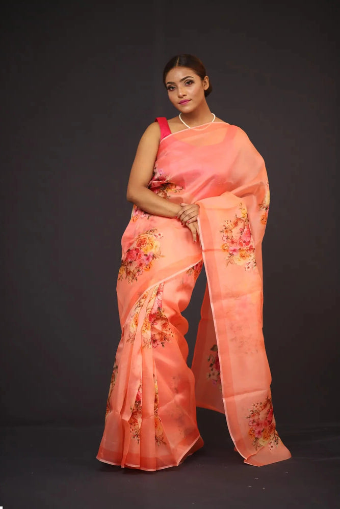 Organza Saree - Peach Coloured