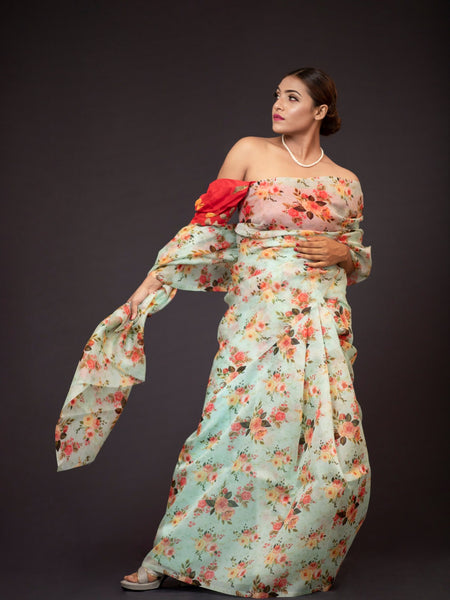 Irya Premium Sky Blue Floral Print Organza Saree for Women Collection