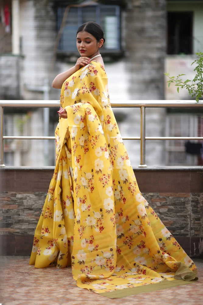 Organza Saree - Bright Yellow Floral Print