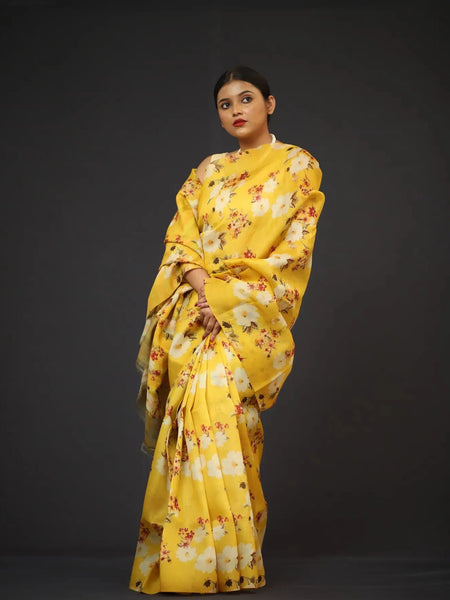 Organza Saree - Bright Yellow Floral Print Designer Bright Yellow Floral Print Tussar Organza Saree for Wedding Wear