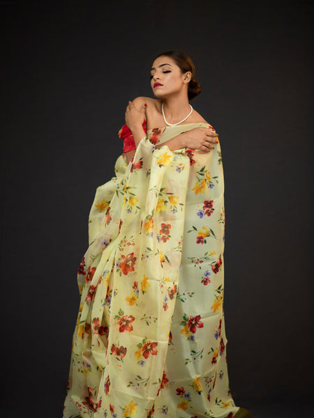 Shraavya Women Lime Yellow Floral Print Organza Saree Lightweight Ethnic Saree