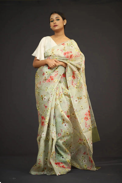 Organza Saree - Pesta Green Floral Print