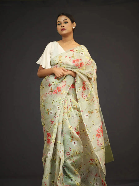 Organza Saree - Pesta Green Floral Print Premium Pastel Green Floral Print Organza Saree for Women Collection