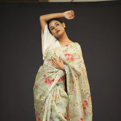 Organza Saree - Pesta Green Floral Print