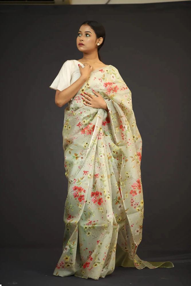 Organza Saree - Pesta Green Floral Print