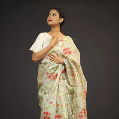 Organza Saree - Pesta Green Floral Print