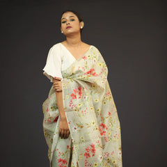 Organza Saree - Pesta Green Floral Print